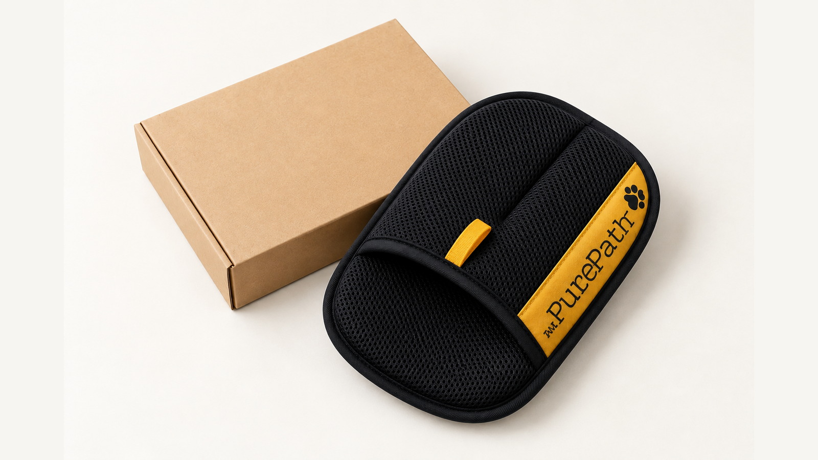 The PurePath pet hair remover glove beside the box it arrives in