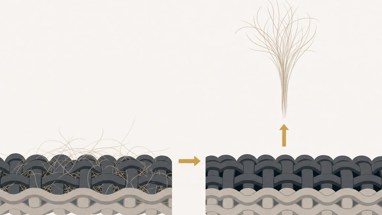 Illustration of upholstery fabric in cross-section, cat hair held in the fibres by static and lifted out by the mesh