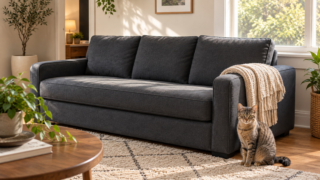 Living room couch clear of cat hair in morning light, the throw folded over the arm