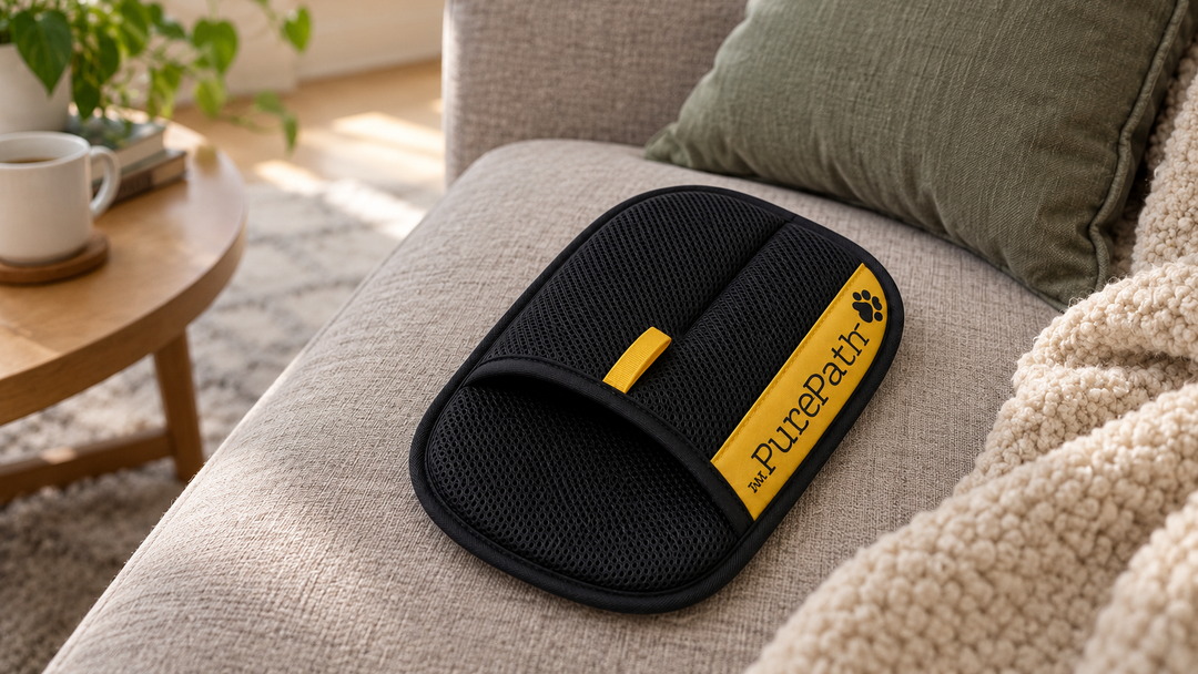 The PurePath pet hair remover glove resting on a clean sofa seat