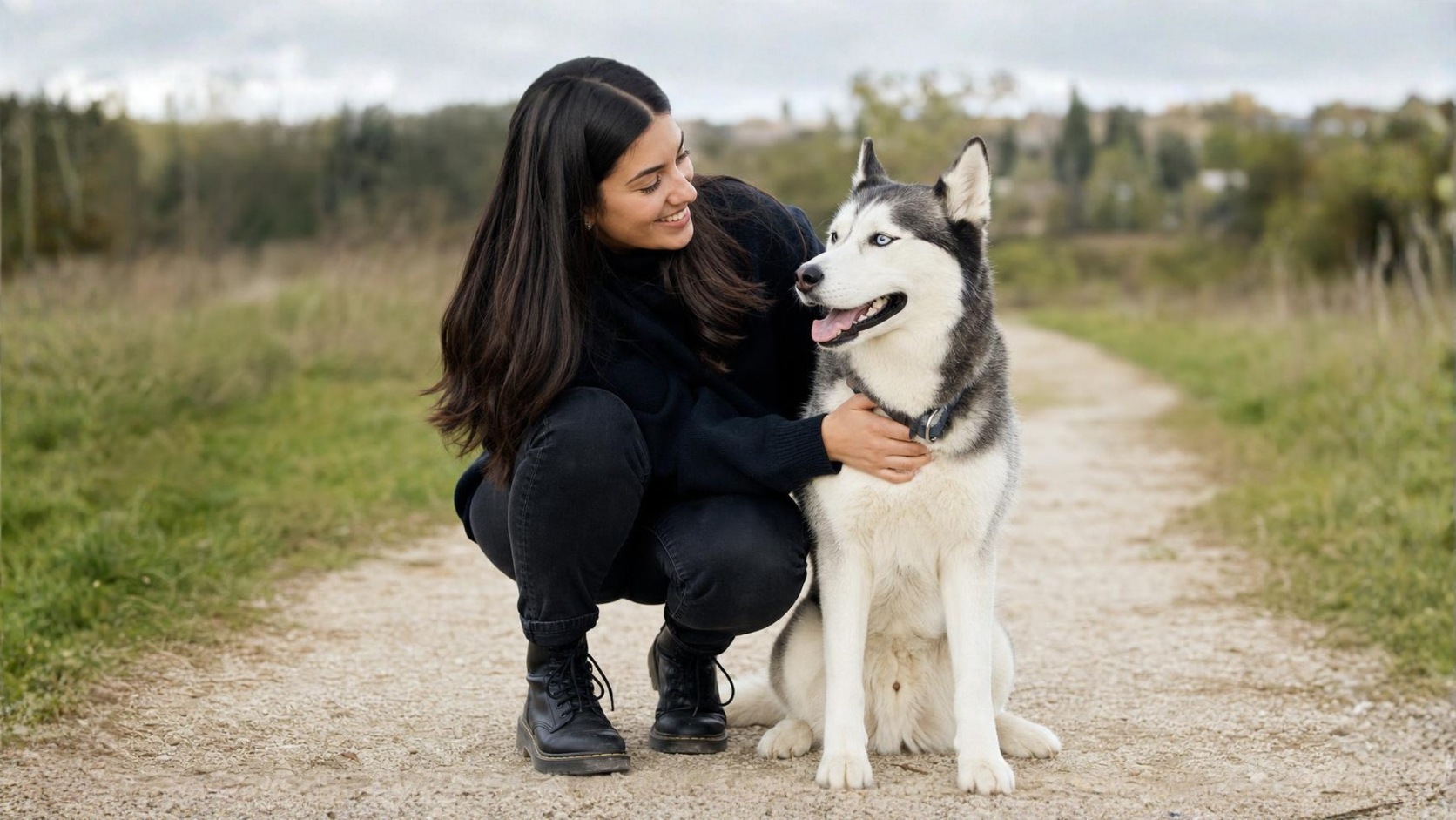 A dog owner in black clothes with no fur on them, crouching beside her husky