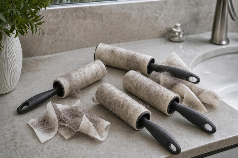 A pile of used lint rollers and spent adhesive sheets that never reached embedded fur