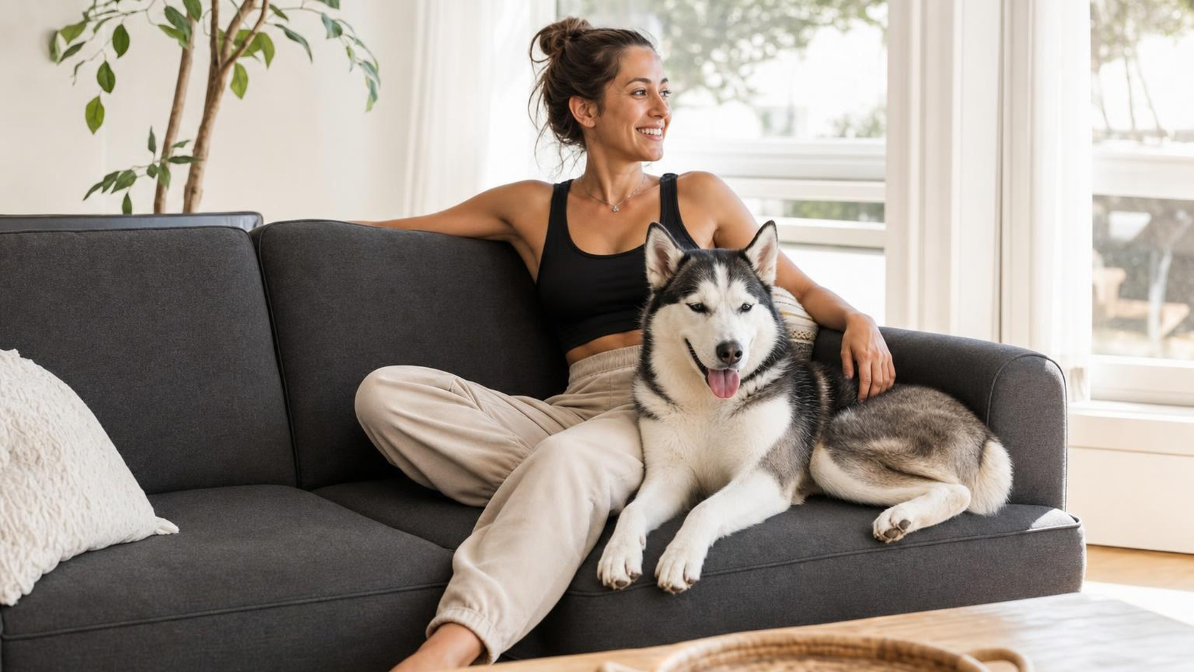 A dog owner relaxing on a fur-free sofa with her husky