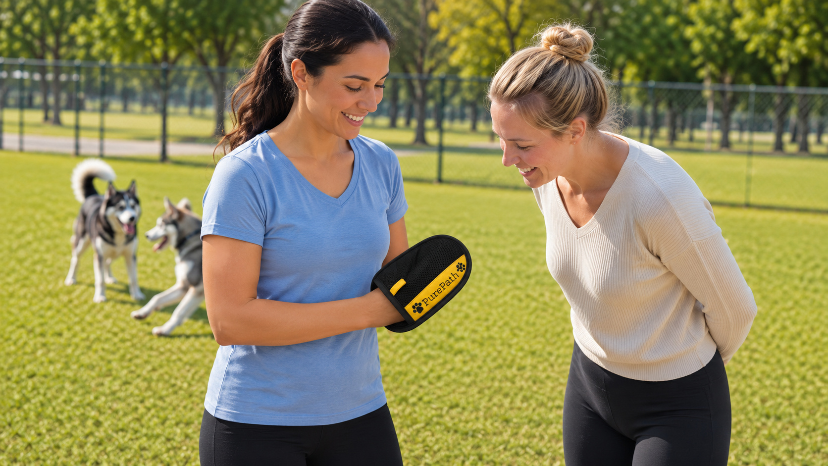 A dog owner at the park holding up a PurePath glove