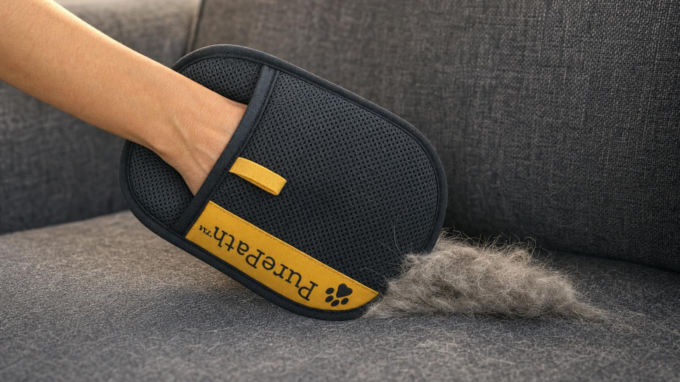 Lifting a clump of husky fur off a couch cushion with a PurePath glove