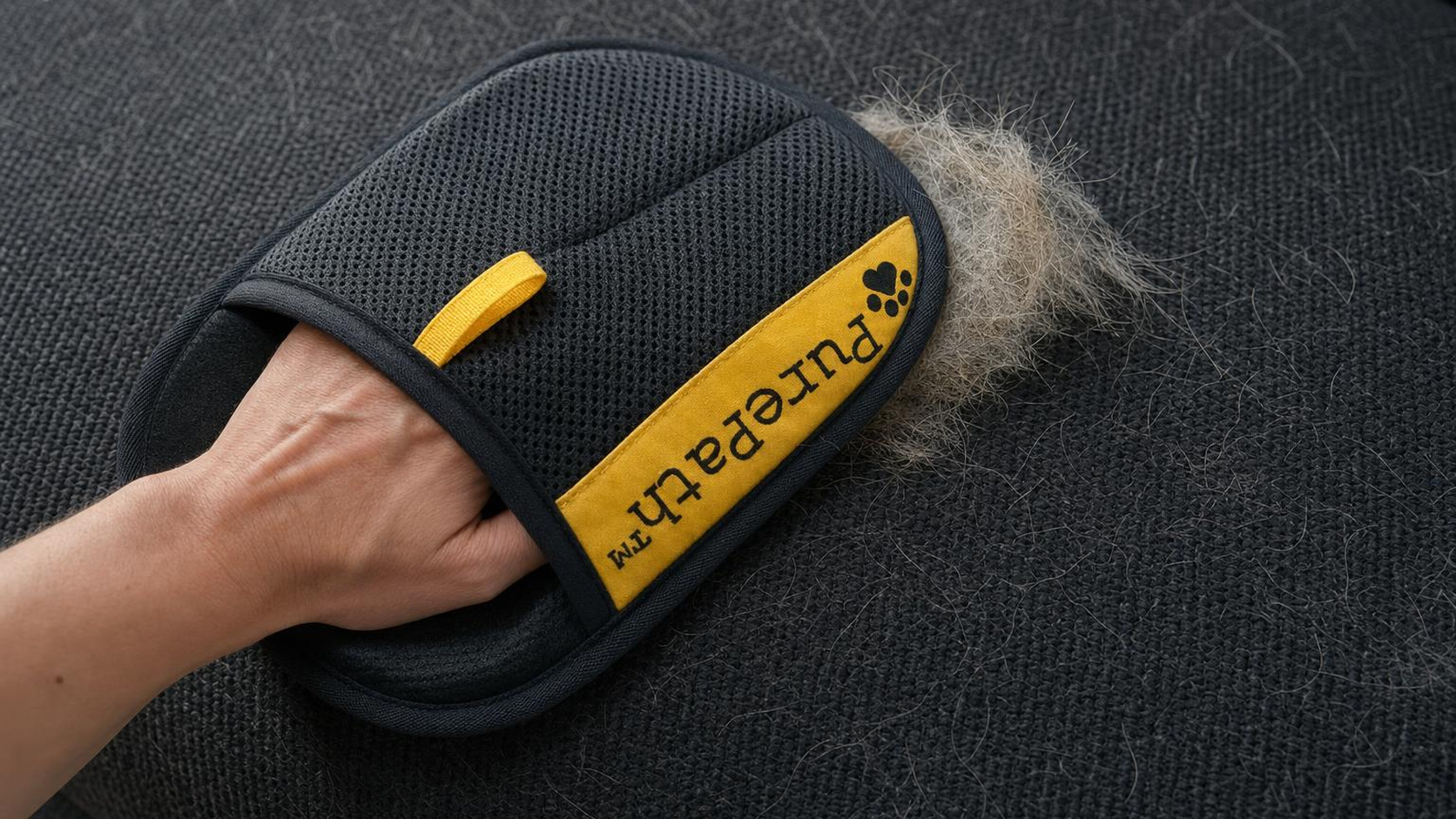 A PurePath glove mid-swipe, rolling embedded fur into a single clump