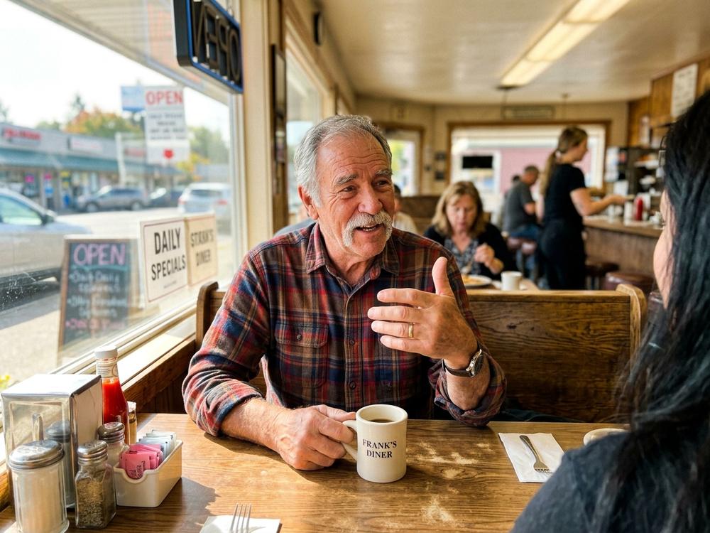 A man in his late sixties in a plaid shirt sitting at a diner table with a coffee mug, talking with his hands.