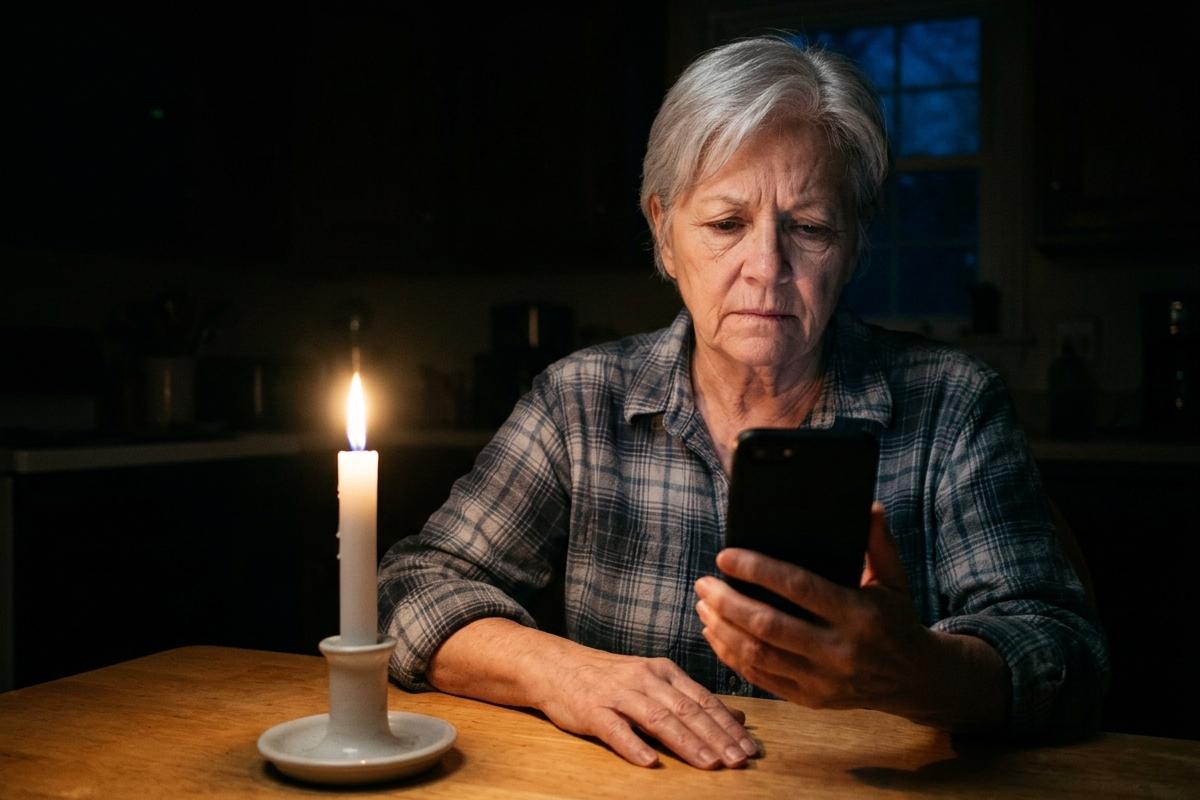 A woman sitting at her kitchen table during a night-time power outage, lit by a single candle, looking at a phone with a black screen.
