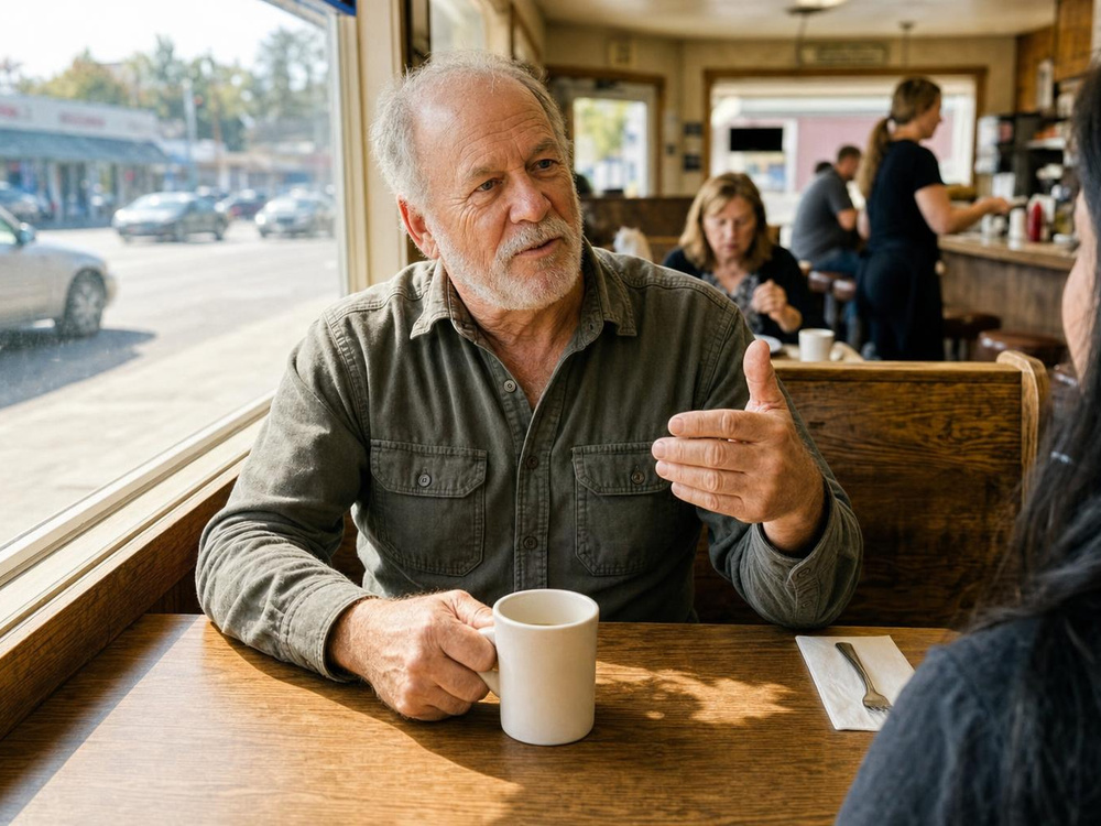 A man in his early seventies with a short white beard sitting at a diner table with a coffee mug, talking with his hands.