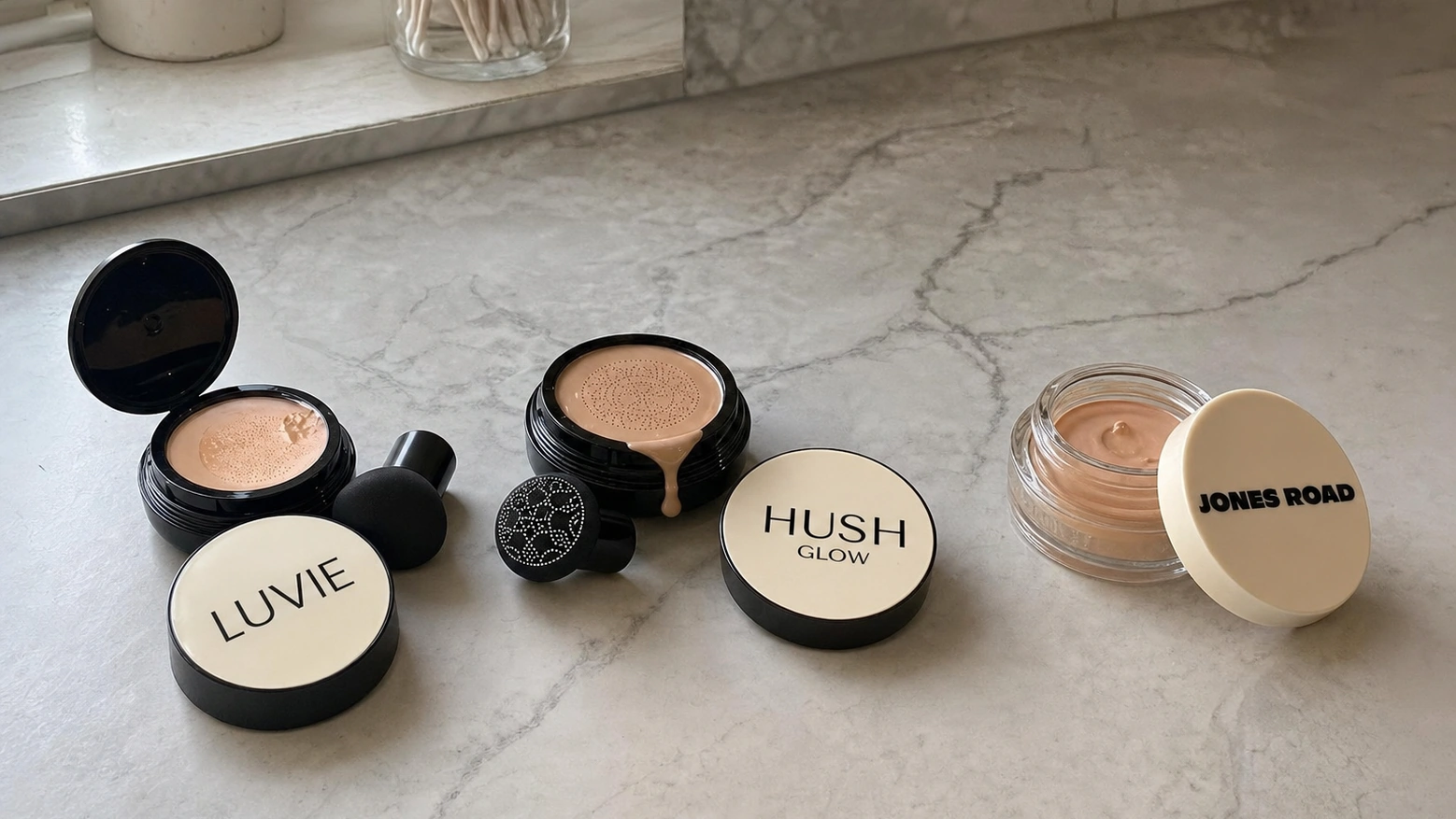Three cushion and cream foundations for mature skin lined up for a 90-day wear test