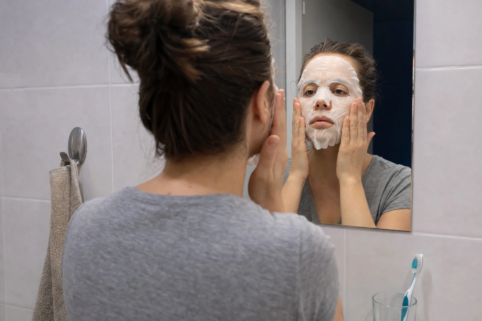 Eine Frau legt sich die Hydrogelmaske auf und streicht sie von der Stirn über die Wangen glatt
