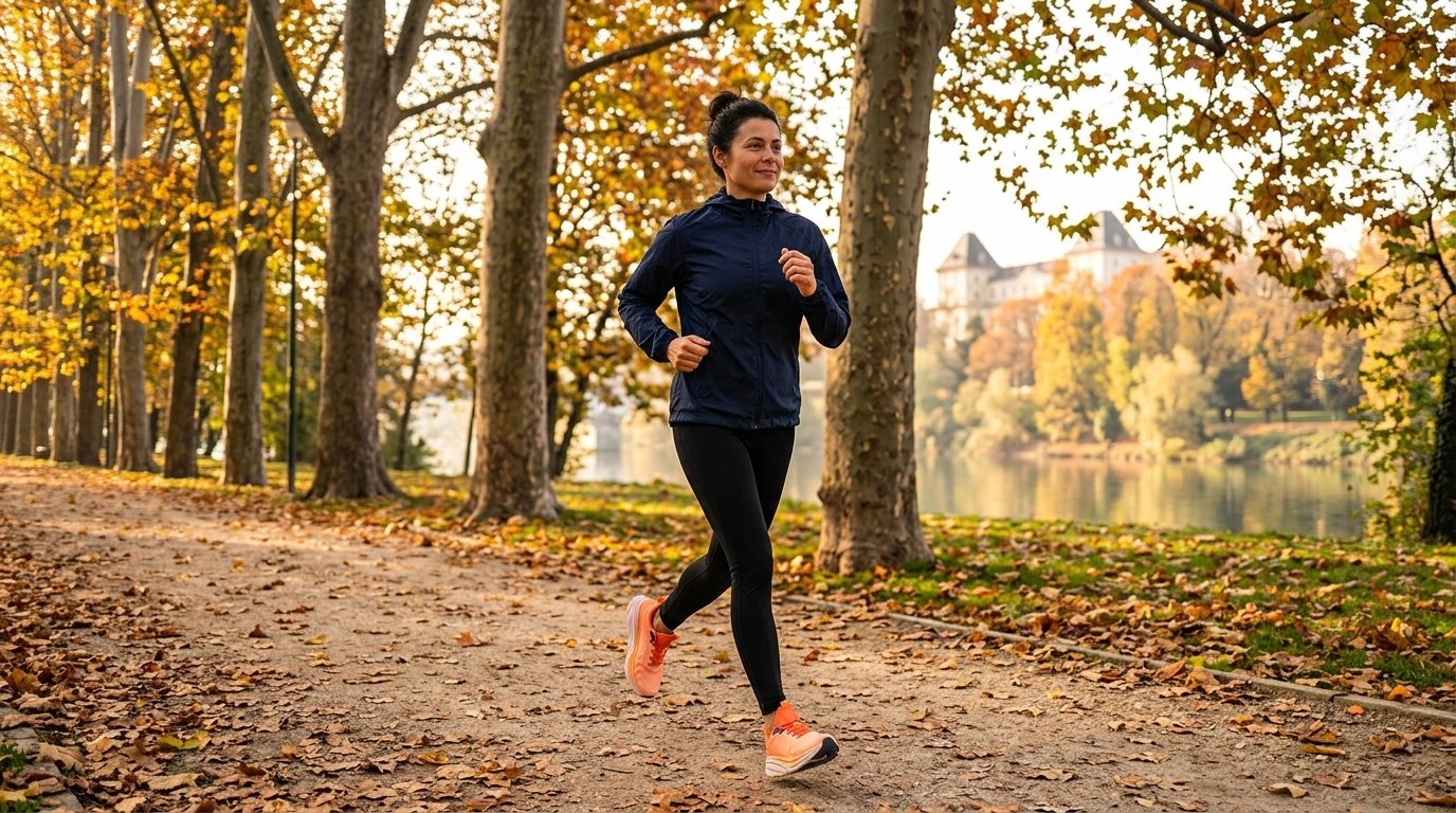 Una runner corre in un viale del parco del Valentino in autunno, con il Po e il castello sullo sfondo