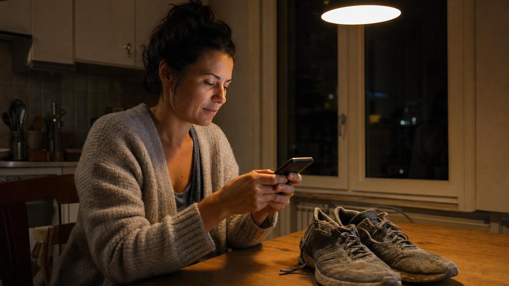 Una donna guarda il telefono al tavolo della cucina, di sera, davanti a un vecchio paio di scarpe da corsa consumate