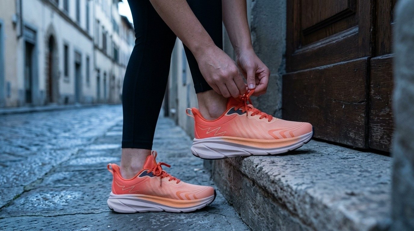 Una donna allaccia scarpe da corsa color pesca sulla soglia di casa, all’alba