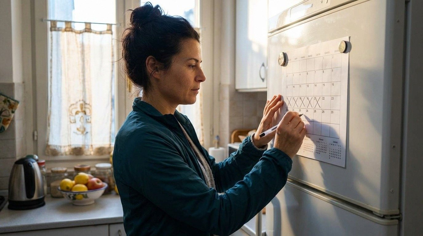 Una donna segna una crocetta sul calendario appeso al frigo, dopo la corsa