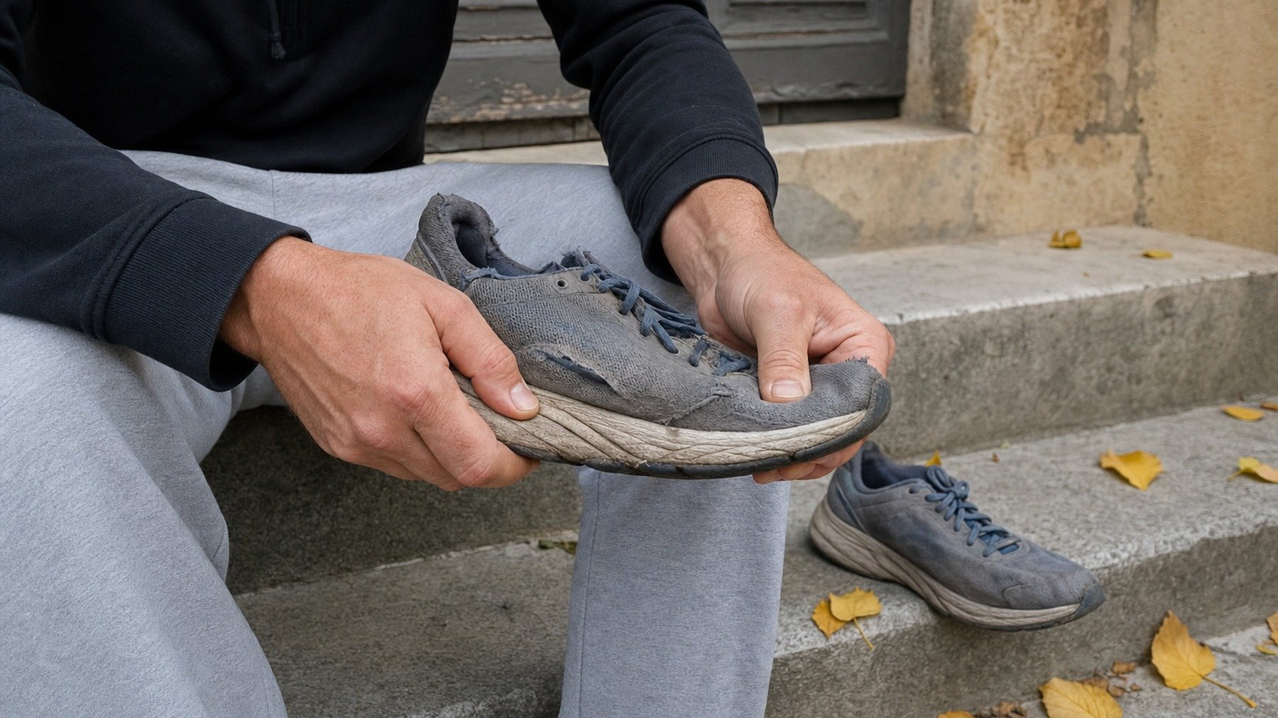 Una vecchia scarpa da corsa con la suola schiacciata, controllata con il pollice
