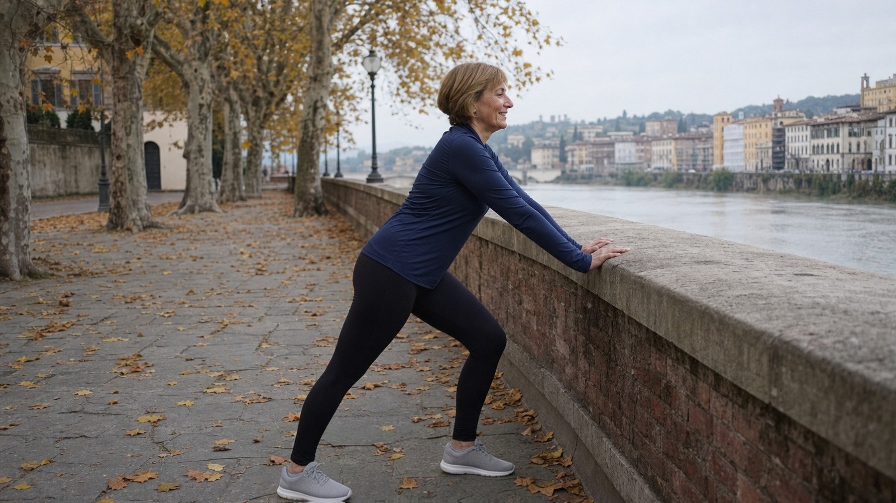 Una donna fa stretching sul lungofiume dopo una corsa, in una mattina di novembre