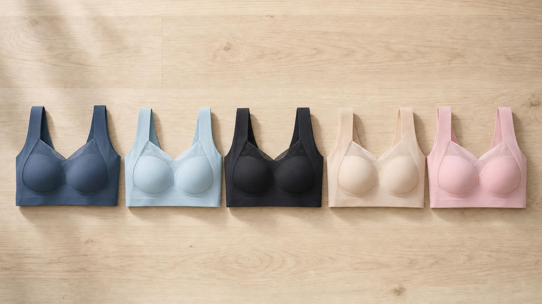 Il reggiseno nei cinque colori: blu scuro, blu, nero, beige e rosa