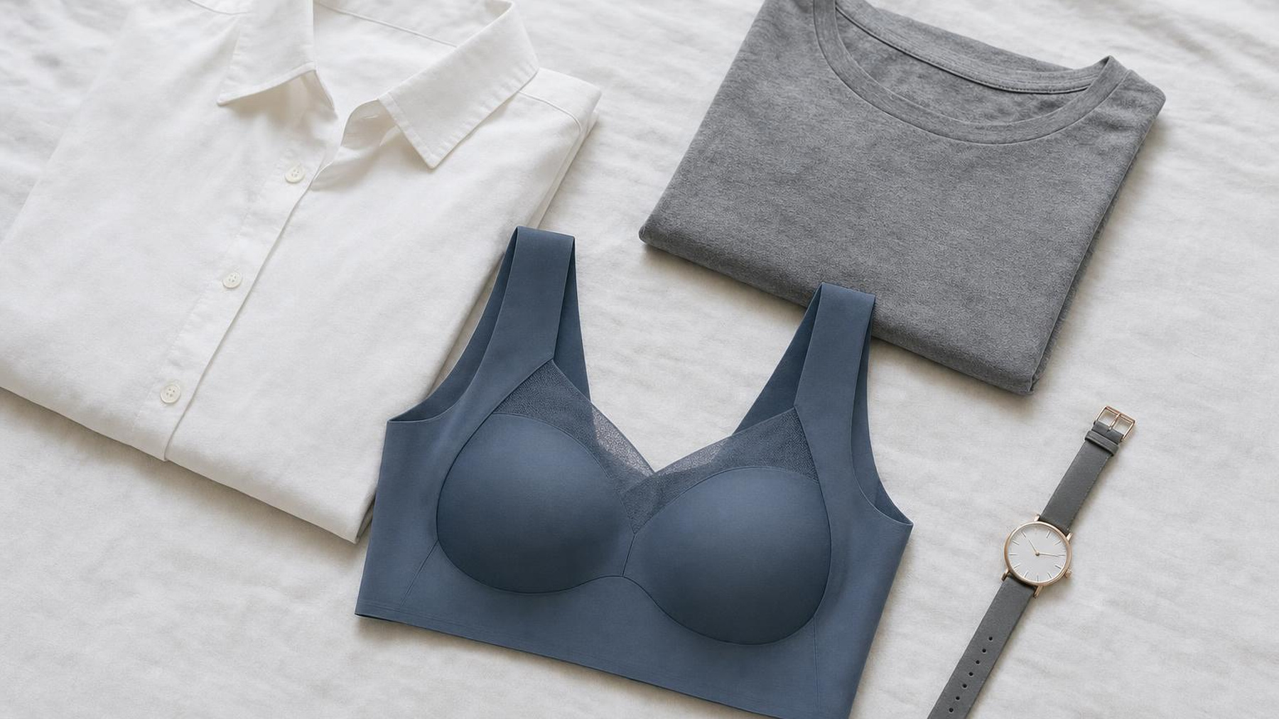 Il reggiseno push-up senza cuciture Vitelli Moda blu scuro, accanto a una camicia e a una t-shirt