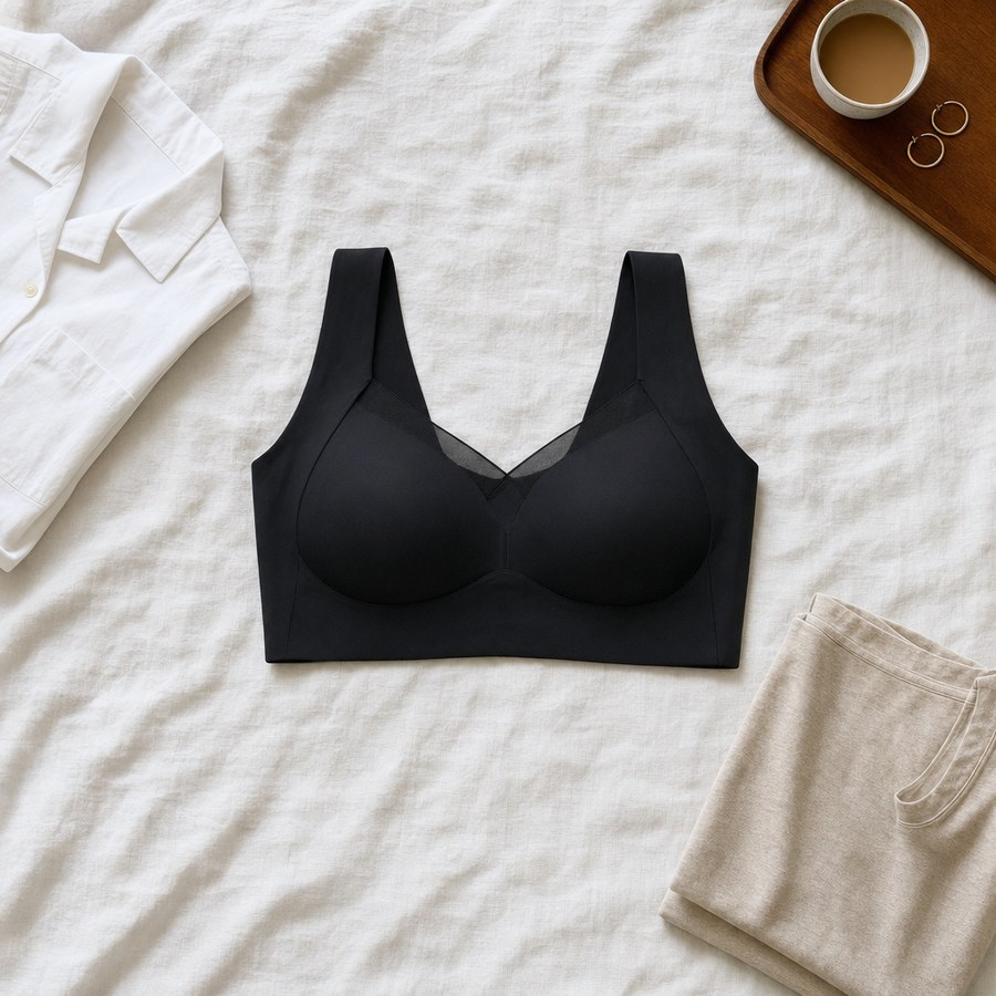 Il reggiseno push-up senza cuciture Vitelli Moda in nero, sul letto accanto a una camicia e a una t-shirt