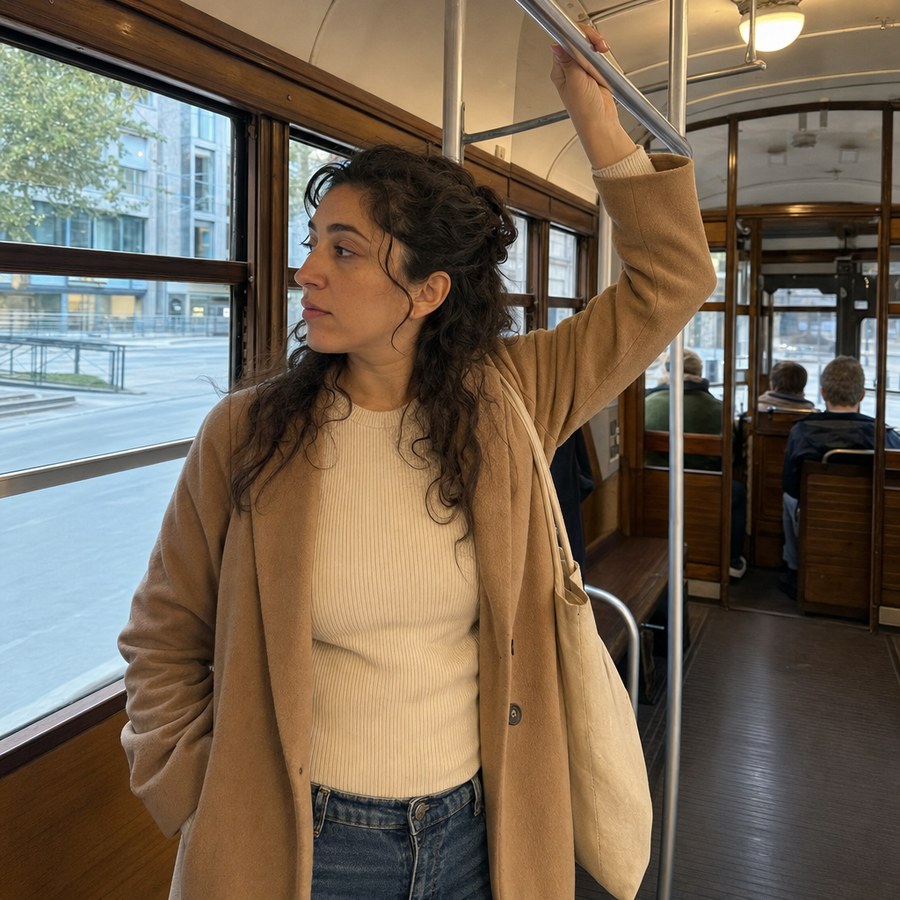 Donna in piedi sul tram che si regge al corrimano, con cappotto e maglia aderente