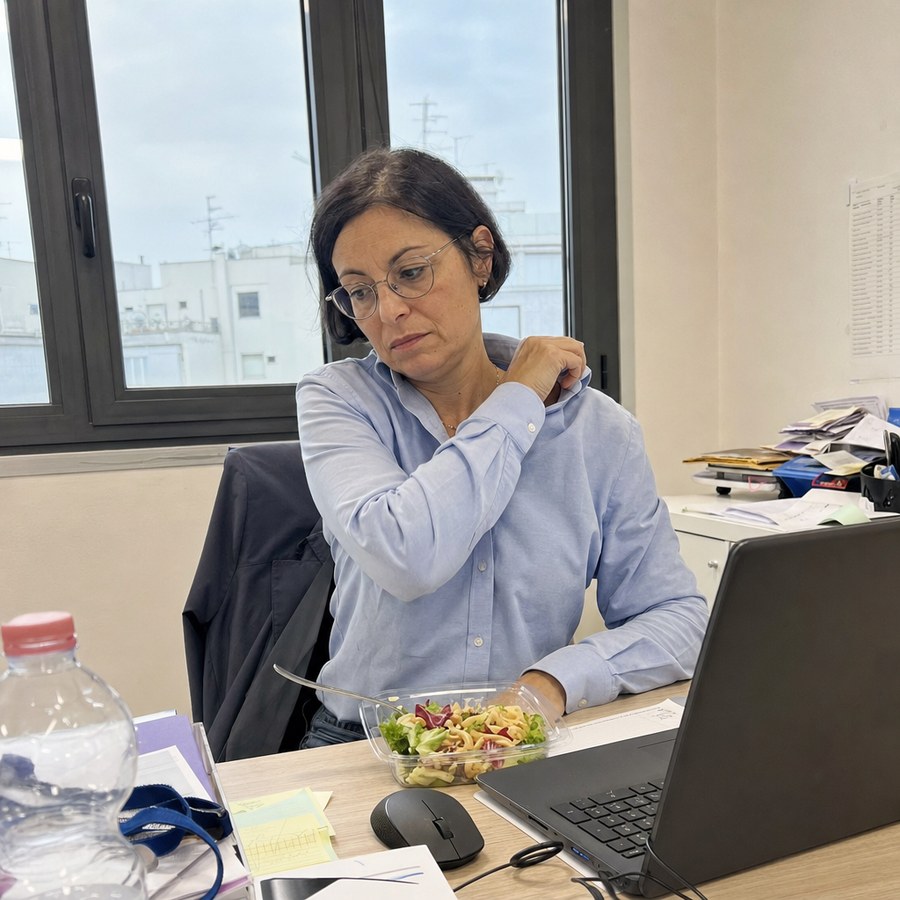 Donna alla scrivania in pausa pranzo che si sistema la spallina sotto la camicia