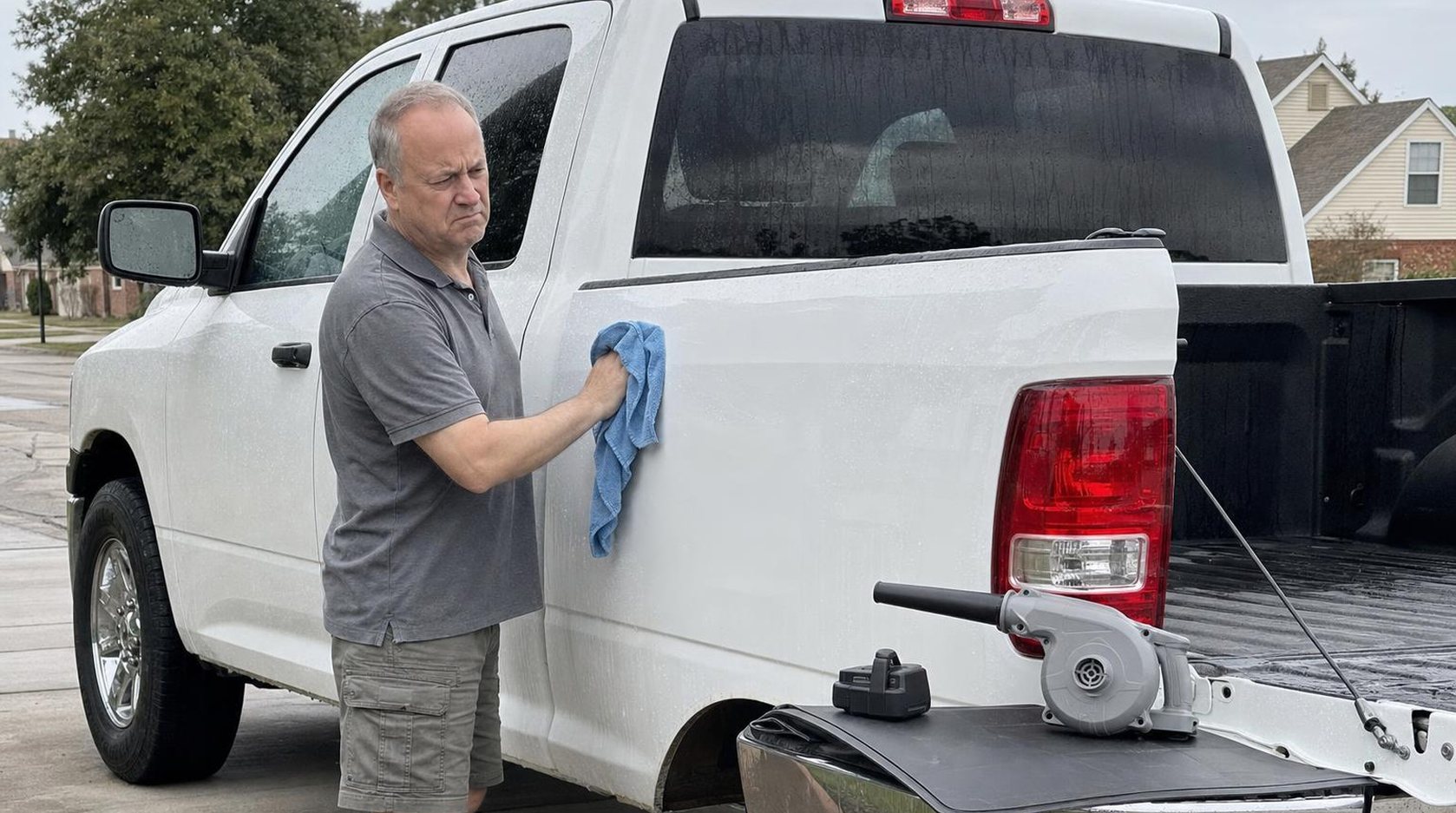Man back to towel-drying his truck after a cheap compact blower quit