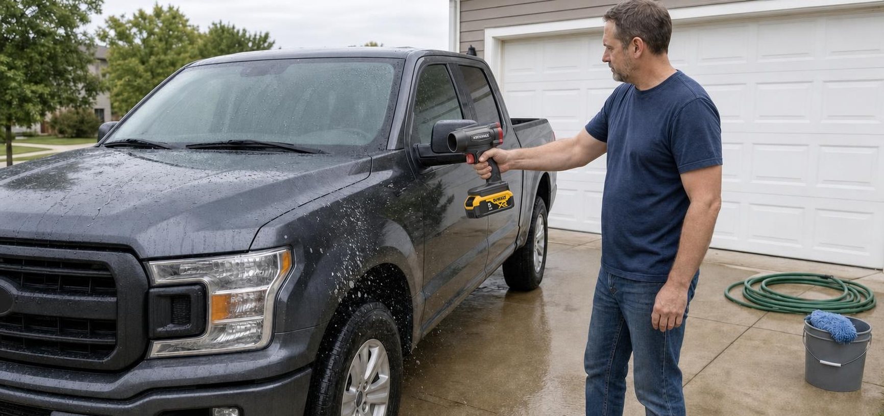 Man drying his pickup truck in the driveway with the VortexHaus MACH