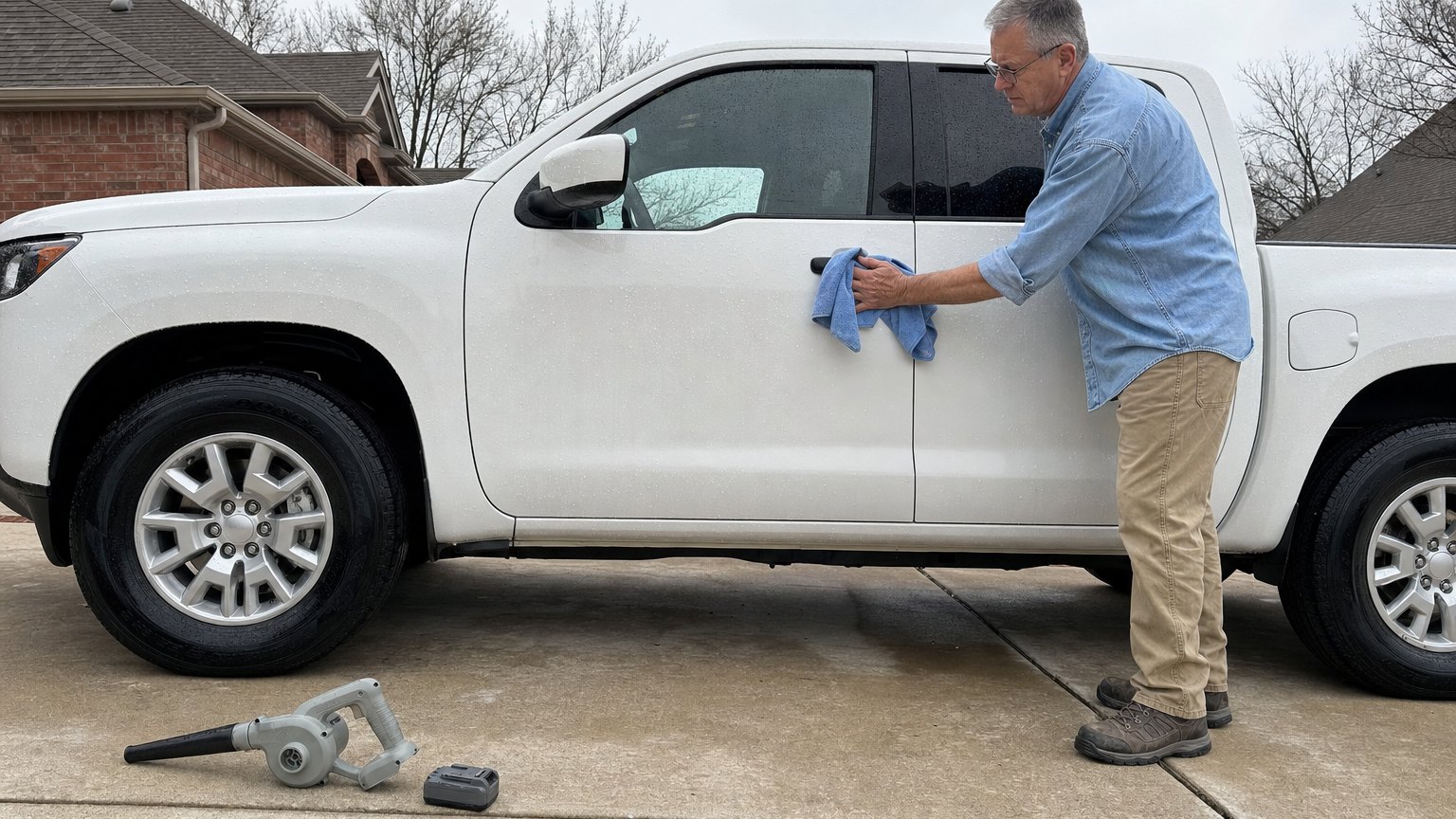 A man drying his truck door with a towel after his compact blower quit
