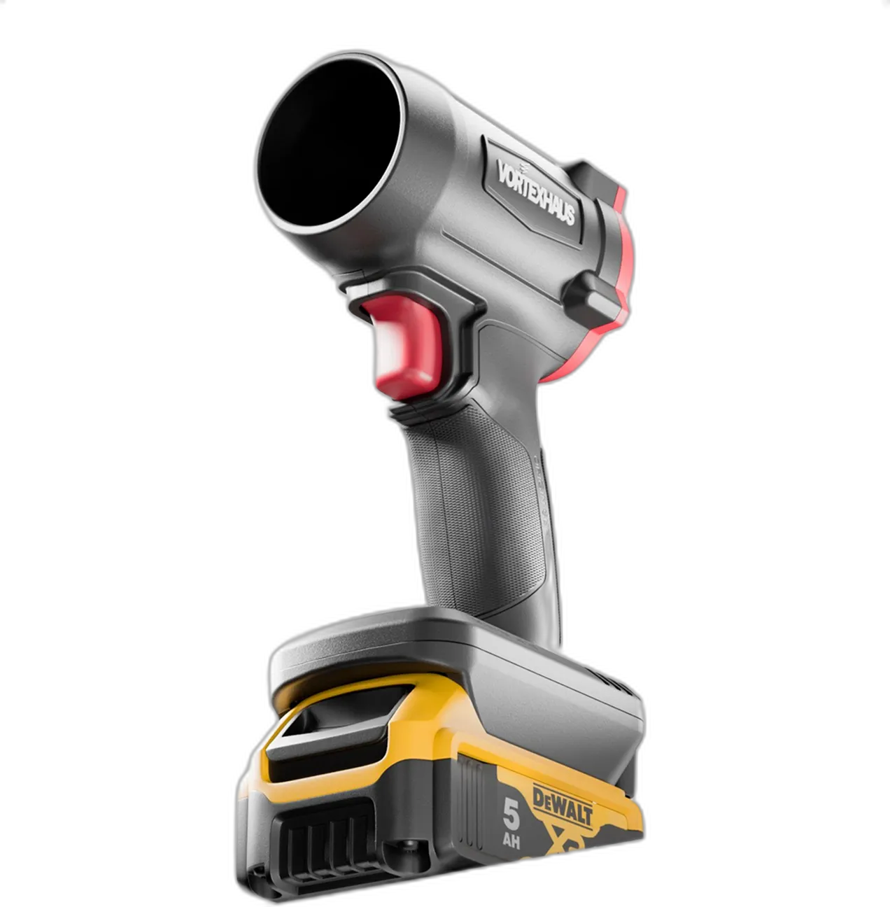 VortexHaus MACH compact cordless blower on a DeWalt 20V battery