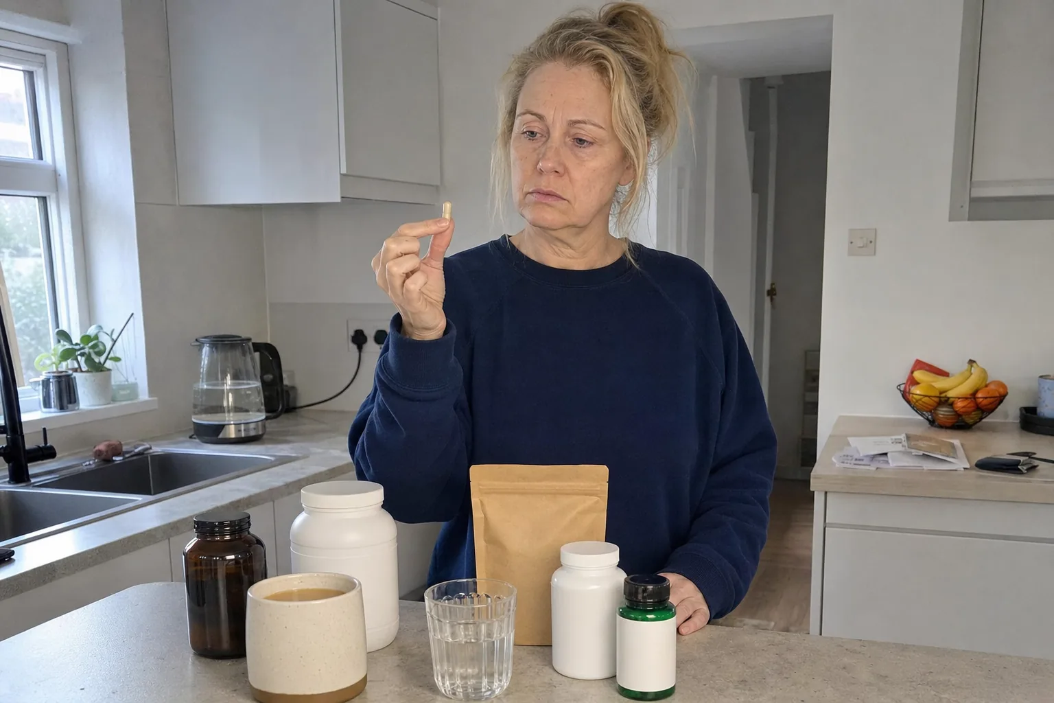Woman at her kitchen counter holding a capsule beside several supplement bottles