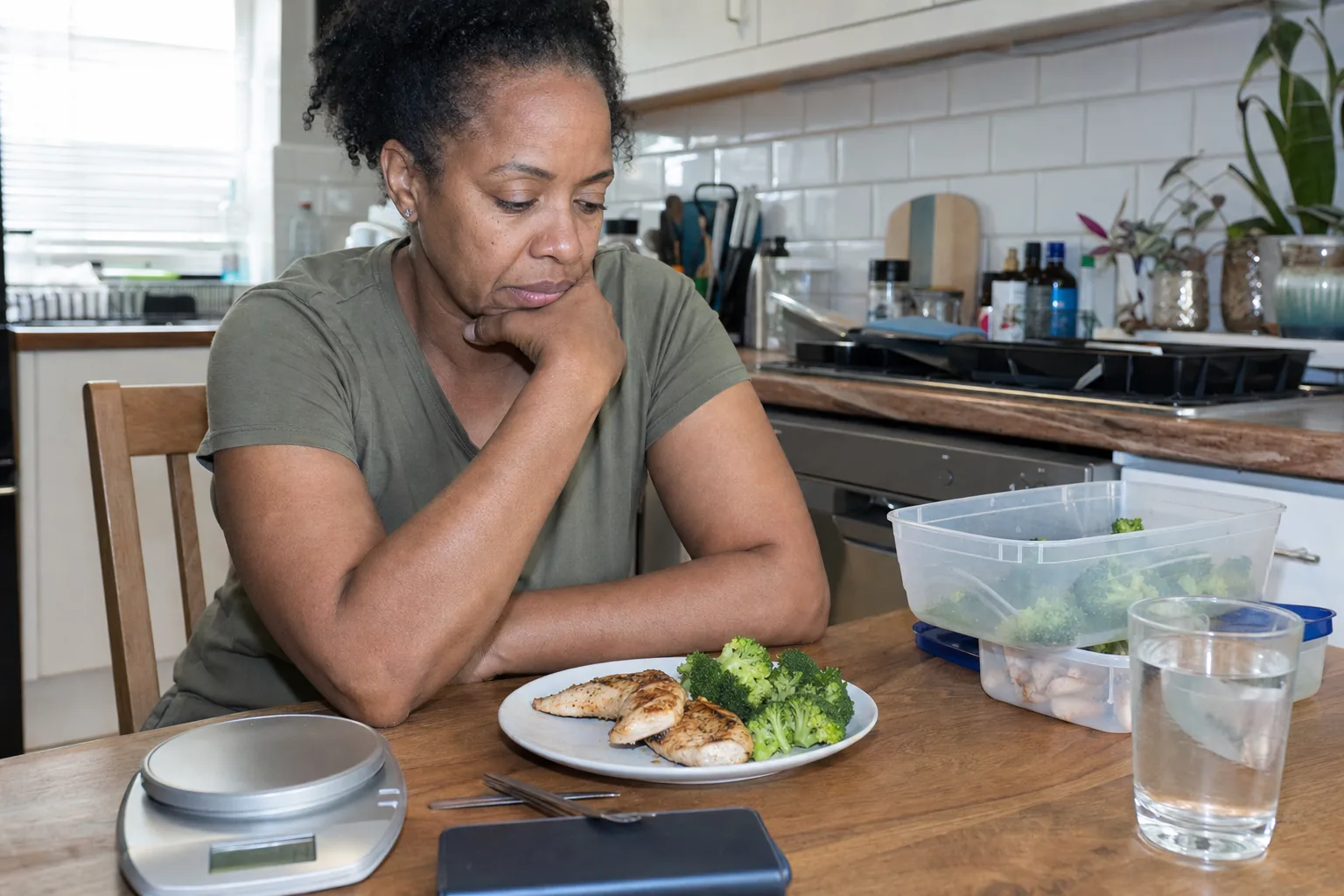 Woman at her kitchen table looking down at a plate of plain chicken and broccoli next to a food scale