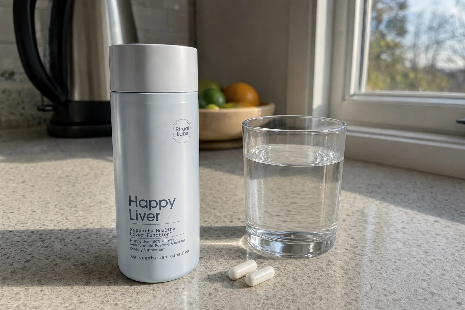 A bottle of Happy Liver by Ritual Labs on a kitchen counter next to a glass of water