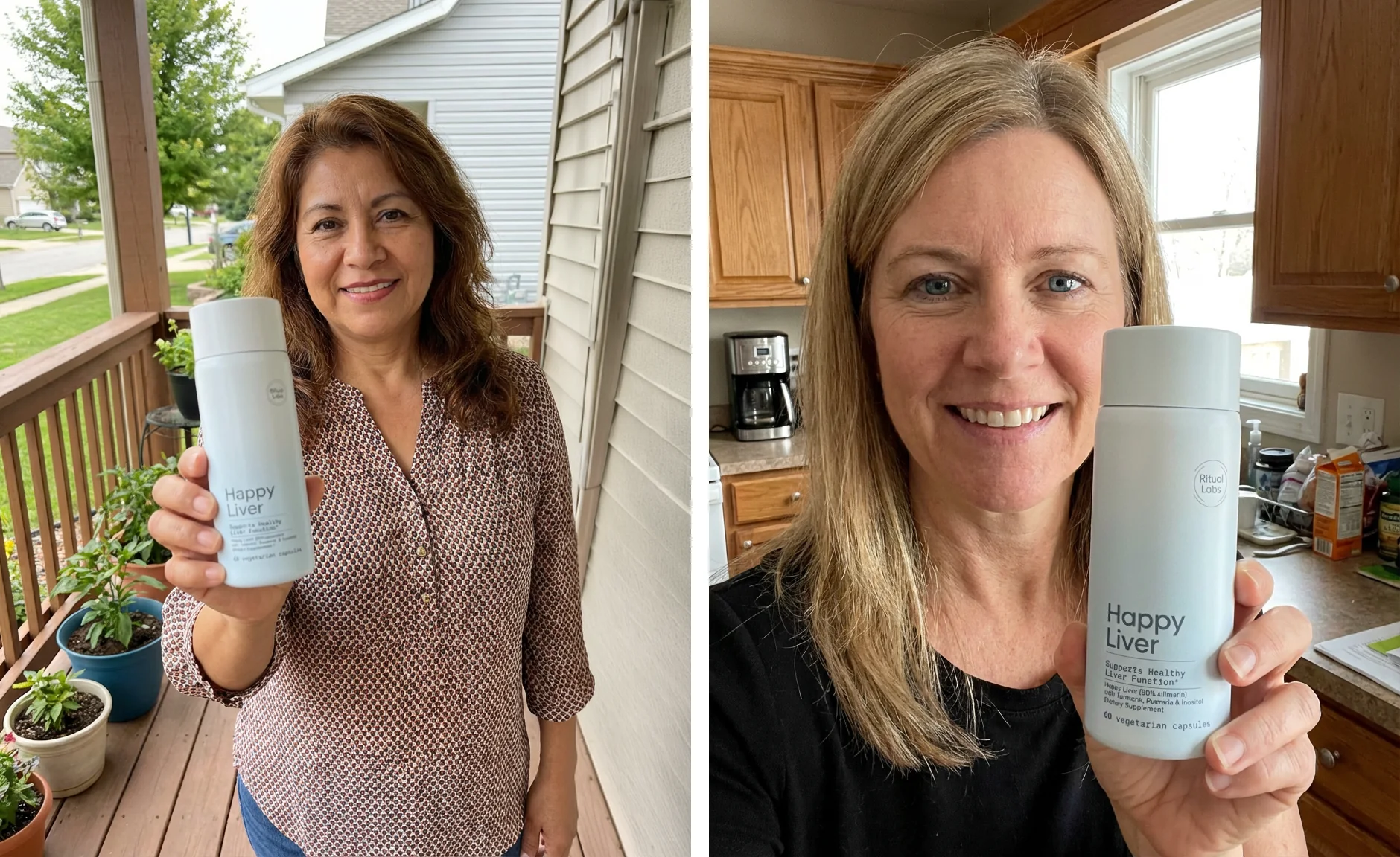 Two women holding bottles of Happy Liver, one on her porch and one in her kitchen