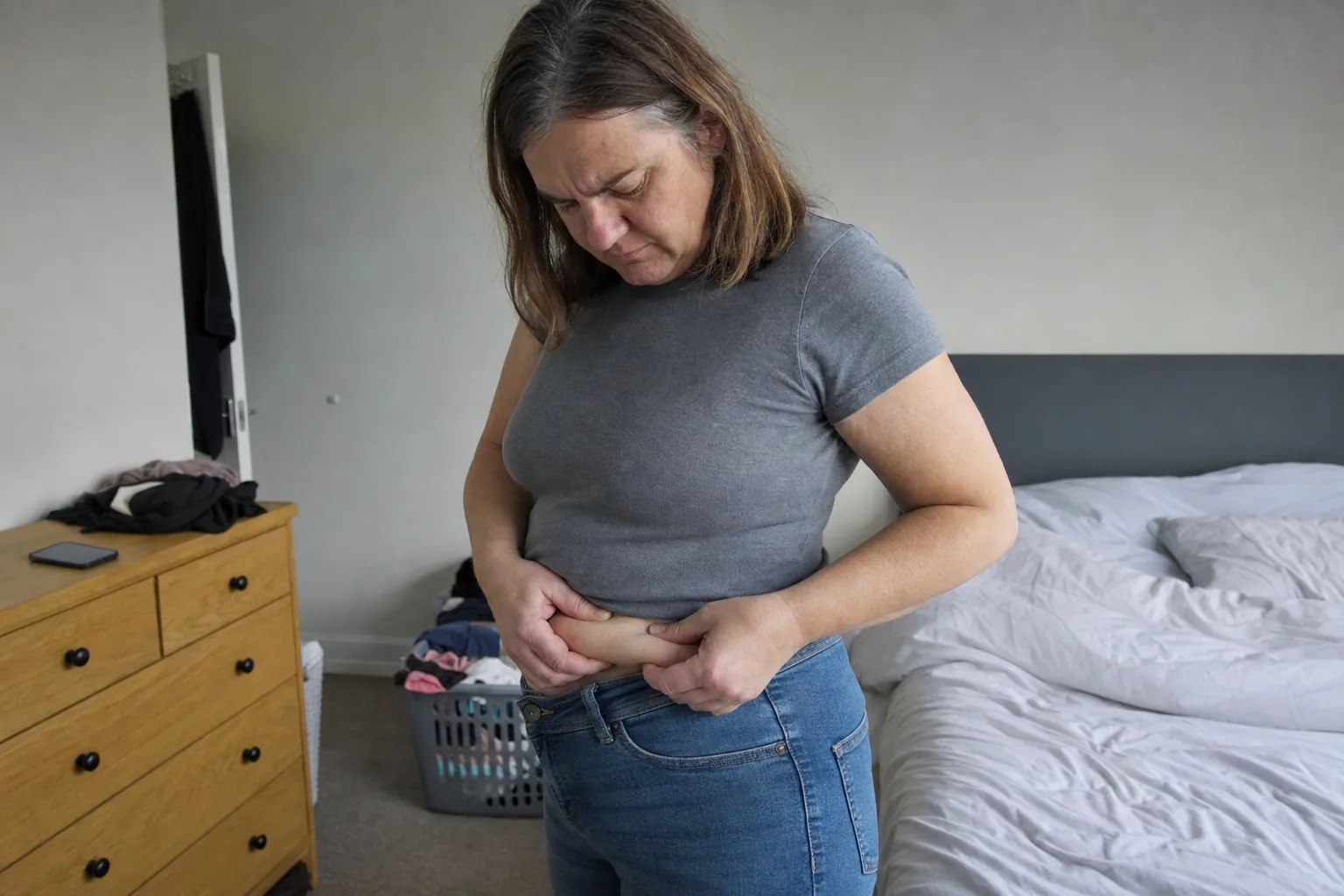 Woman in her 50s pinching the soft roll of her lower belly above her jeans waistband