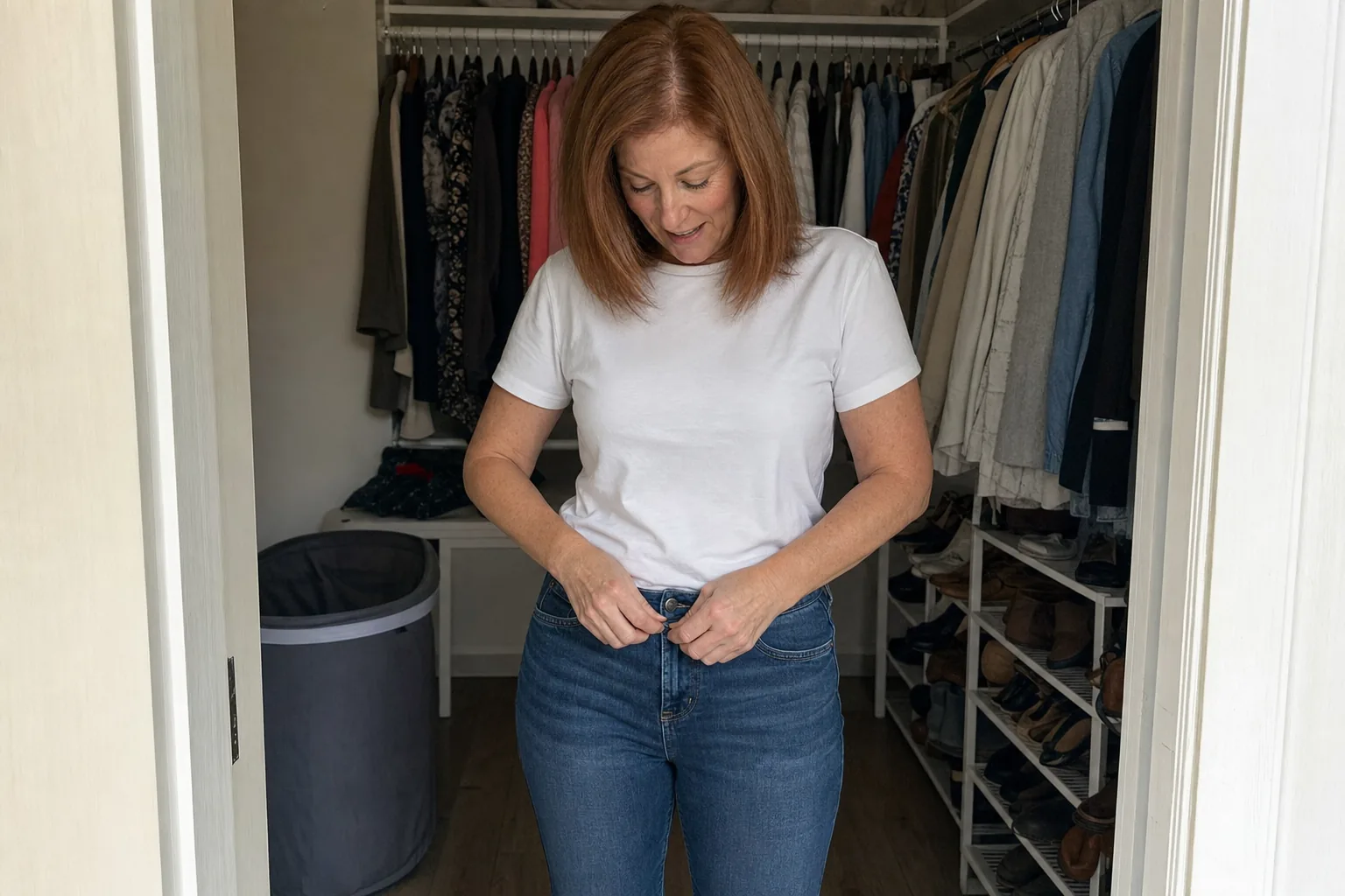 Woman in her closet doing up the button of her jeans