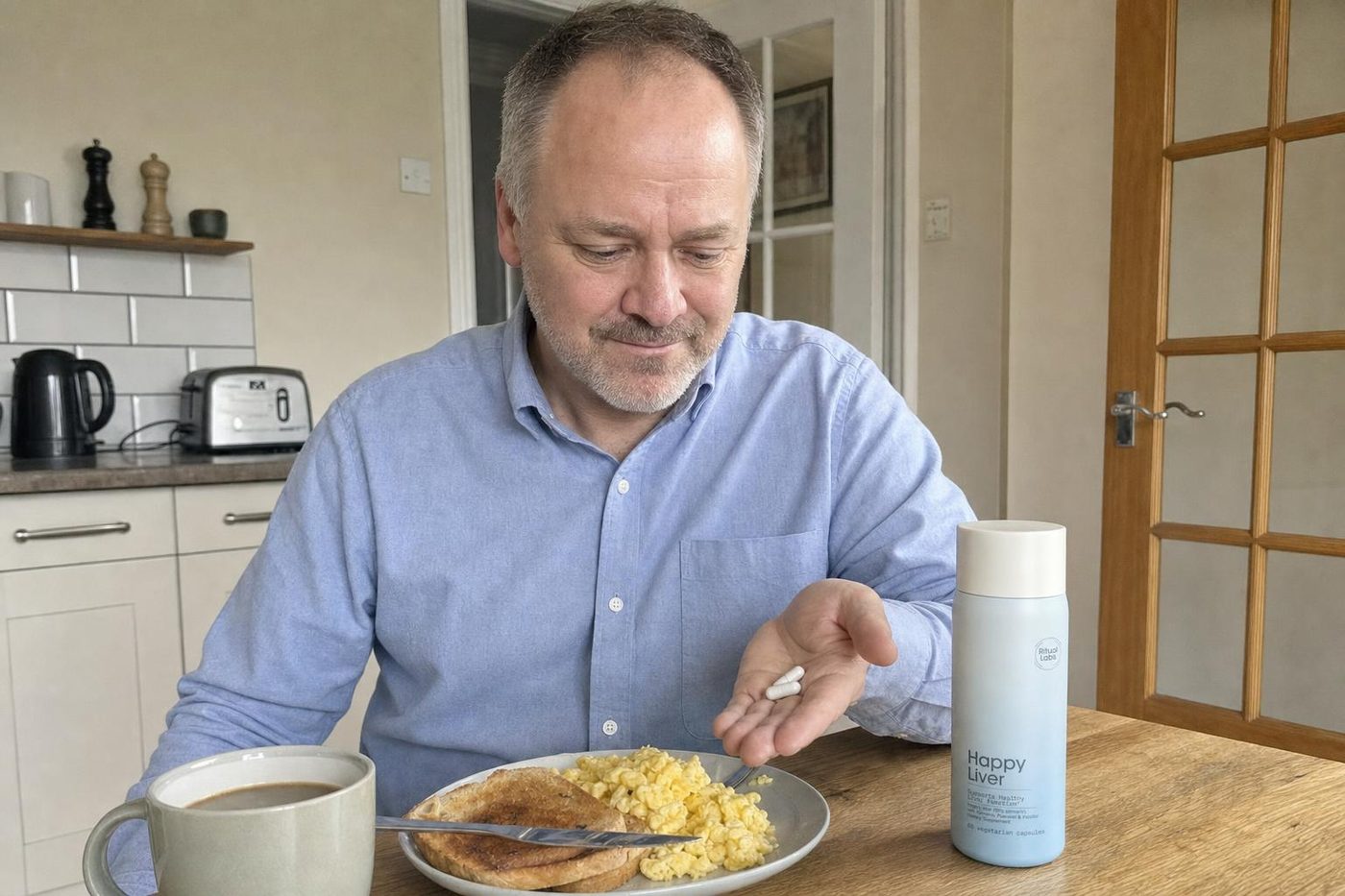 Taking two Happy Liver capsules with breakfast