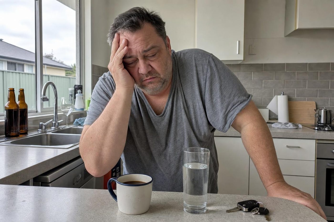 A man in his kitchen the morning after, holding his head