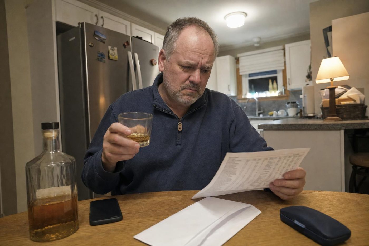 A man at his kitchen table with a glass of whiskey, reading his lab results