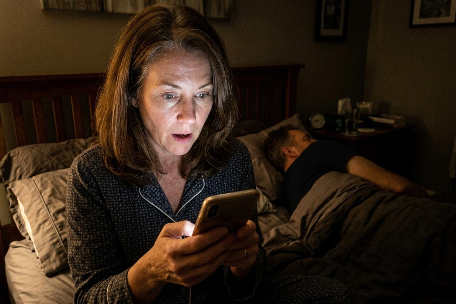 A woman sitting up in bed at night reading her phone while her husband sleeps beside her.