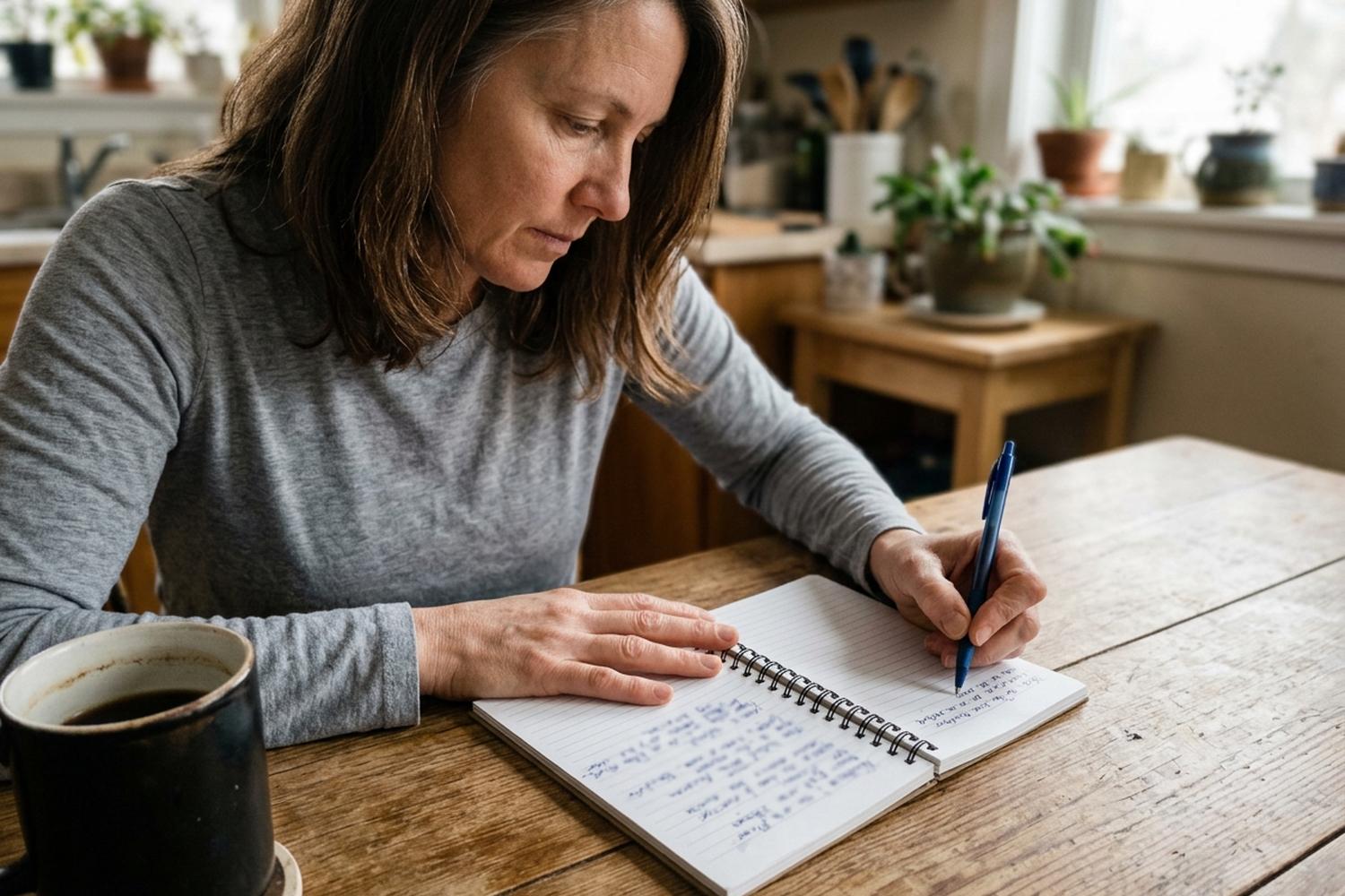 A woman writing in a small spiral notebook at a wooden kitchen table in the morning.