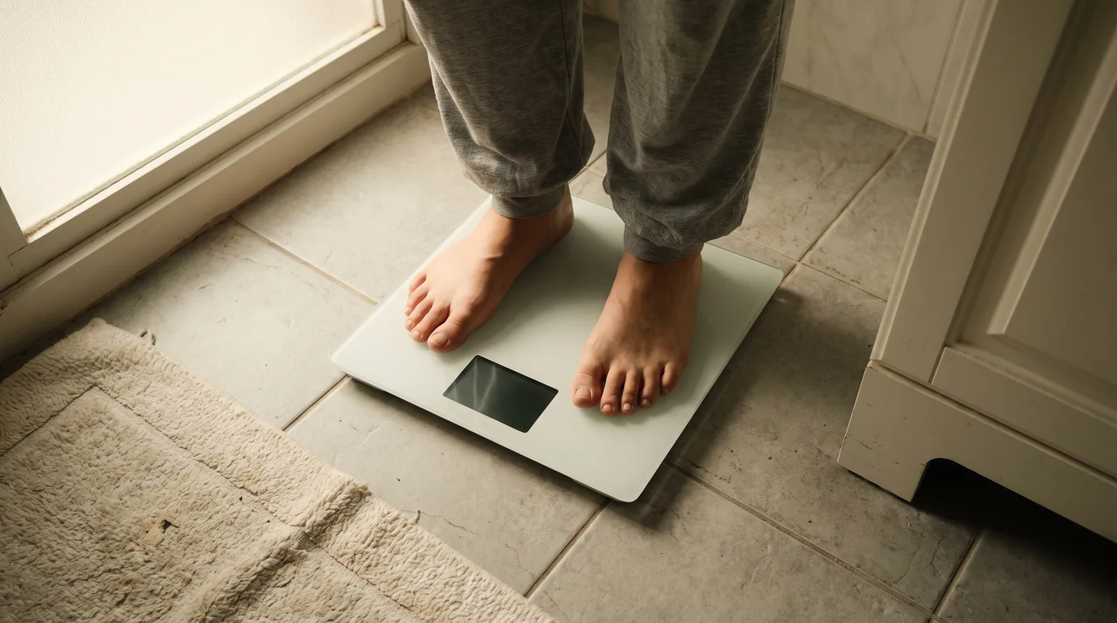 Looking down at bare feet standing on a white bathroom scale on a tiled floor