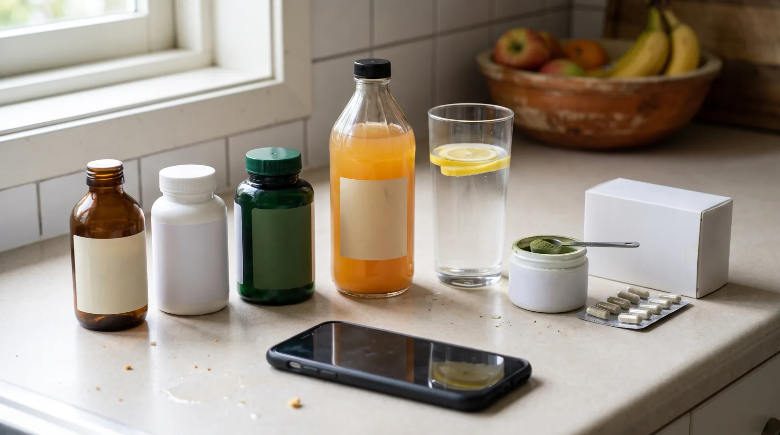 A kitchen counter crowded with supplement bottles, apple cider vinegar, lemon water, a tub of green powder and a box of capsules