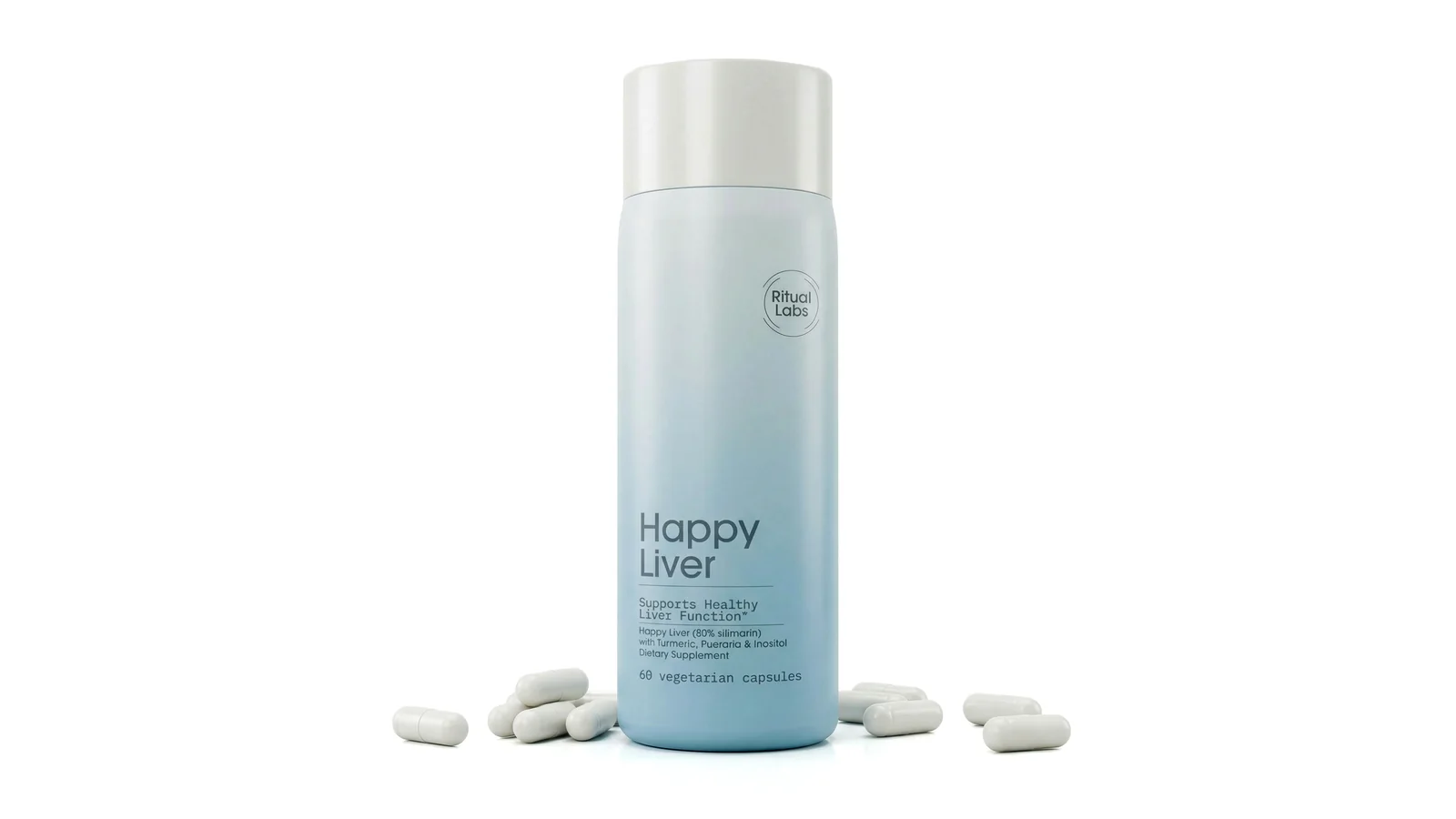 A bottle of Ritual Labs Happy Liver with capsules around it