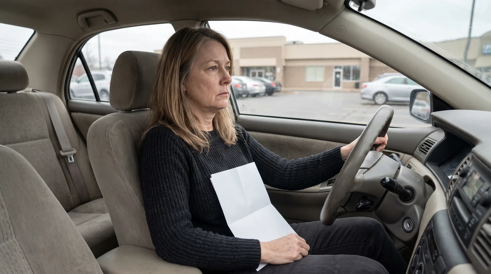 A woman in her fifties sitting in her parked car with a folded sheet of paper on her lap, staring ahead
