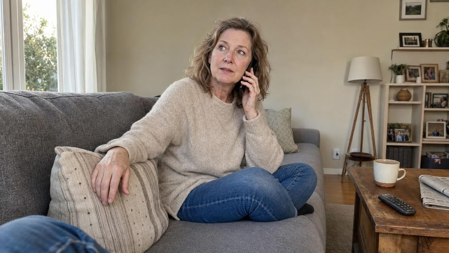 A woman on the sofa on a phone call in the early evening, listening closely
