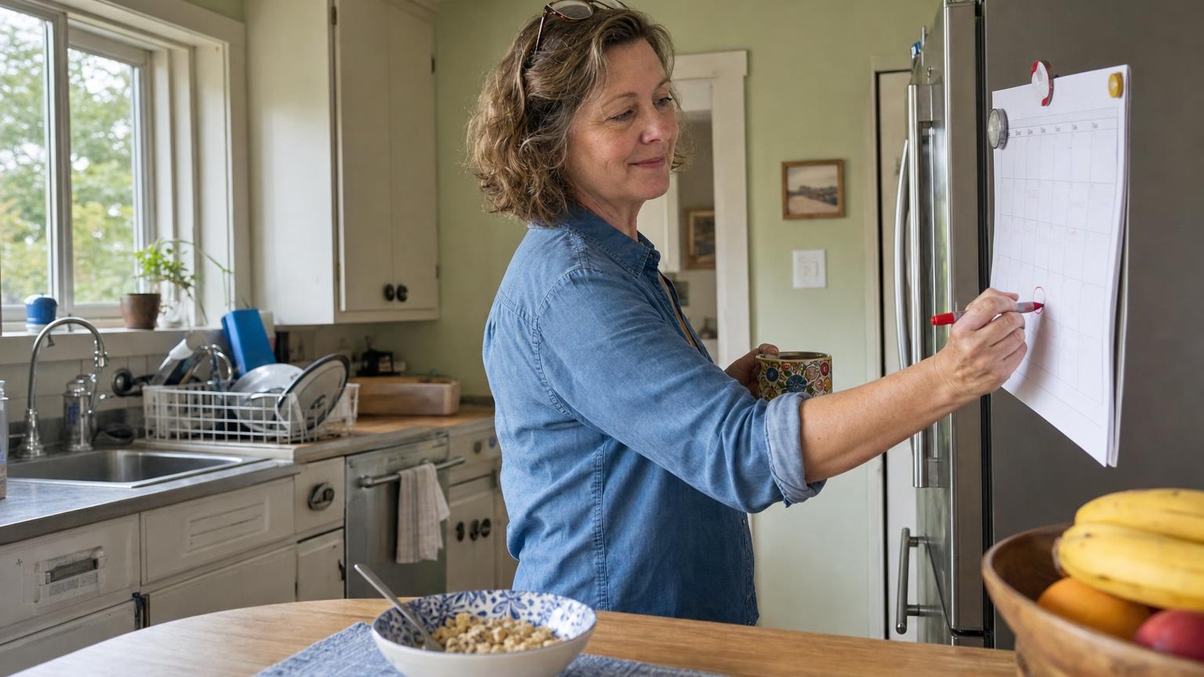 A woman circling a date on the paper calendar on her fridge