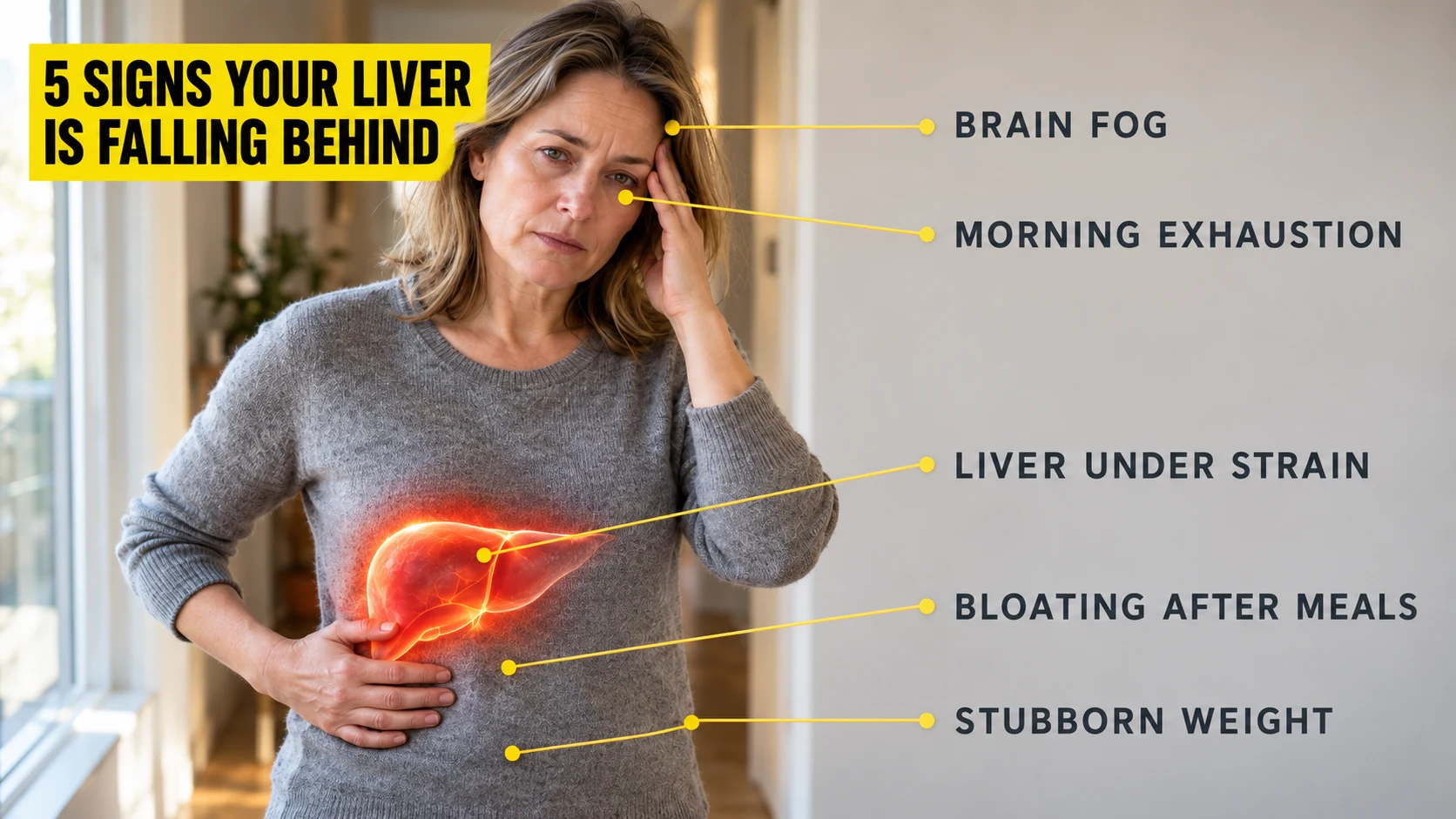 Woman with brain fog and bloating, five signs a liver is falling behind