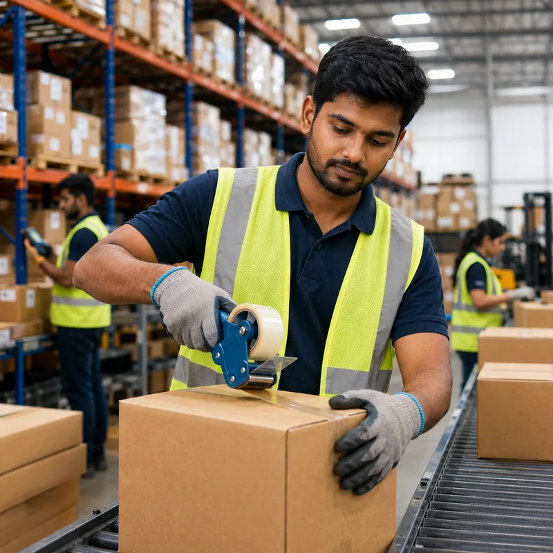 Warehouse employee organizing boxes in a clean workplace