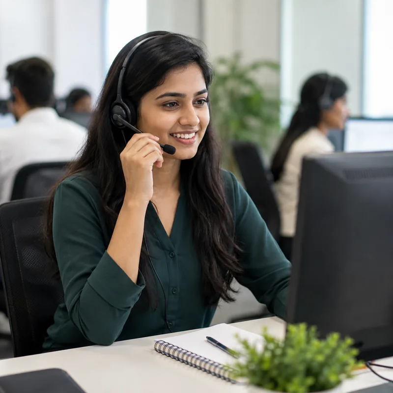 Telecaller speaking with a customer in a professional office